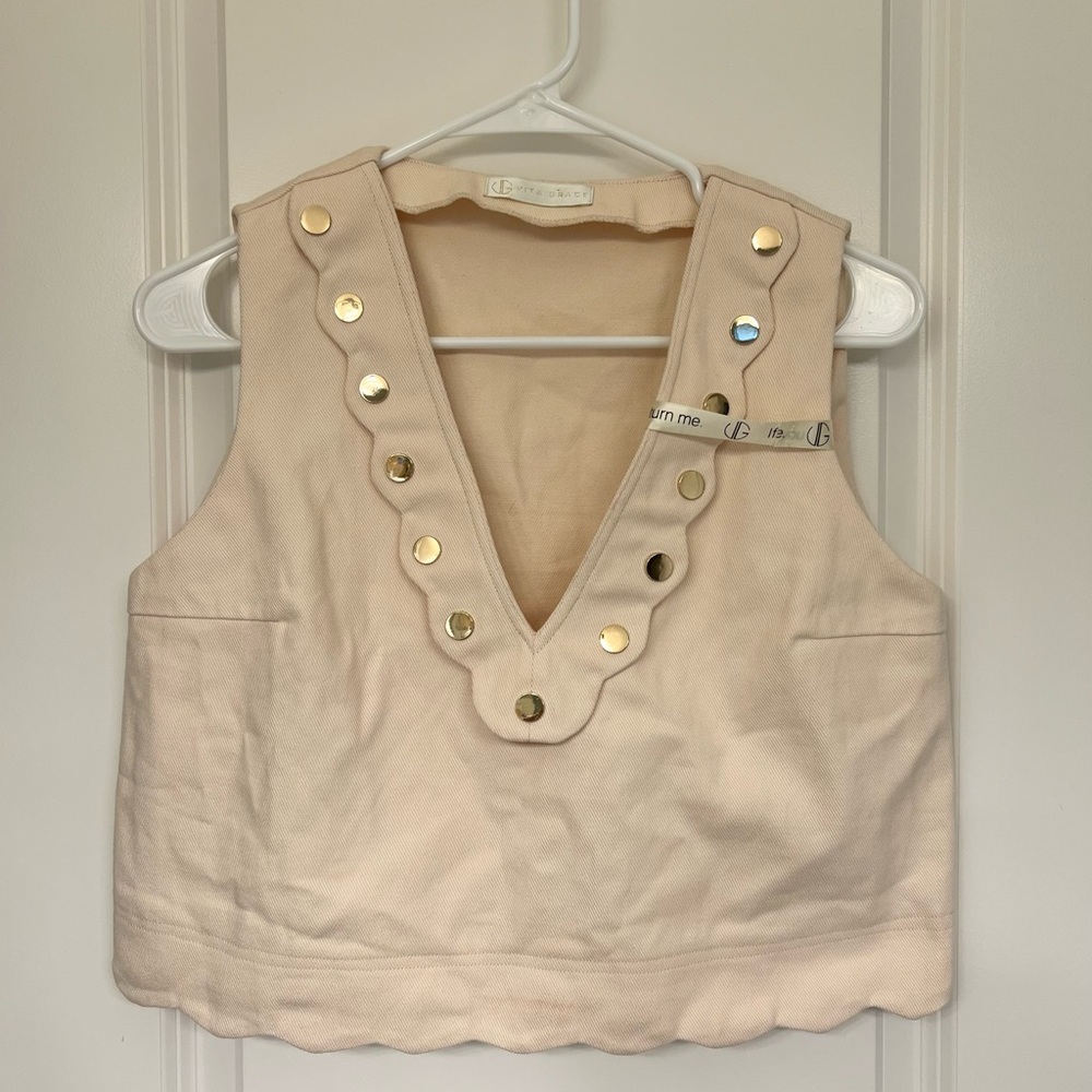 Denim Vest NWT Vita Grace Cream Sleeveless Top with Gold Accents